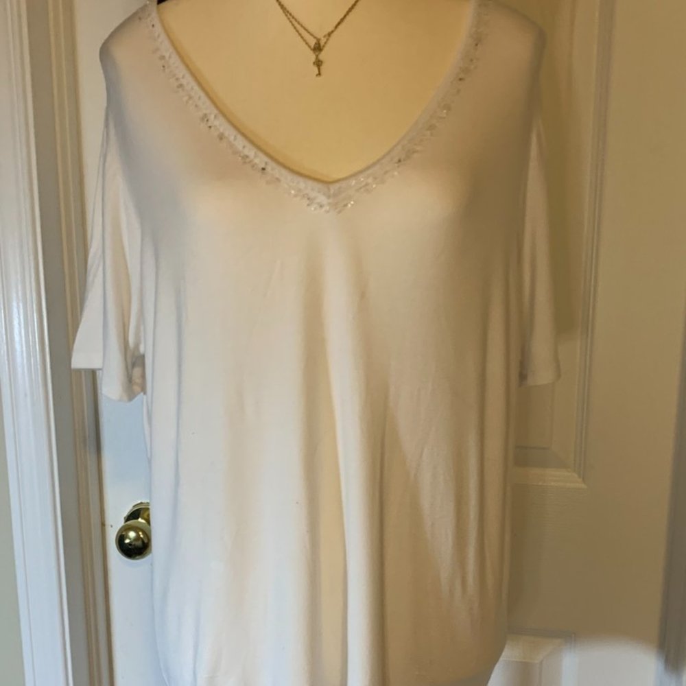 Cotton V-neck Blouse with sequins, XL, Concepts, white
